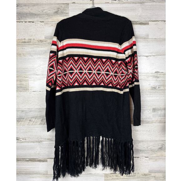Iris Women’s M Black Orange Boho Long Sleeve Fringe Cardigan Sweater Soft Cozy - Picture 2 of 6
